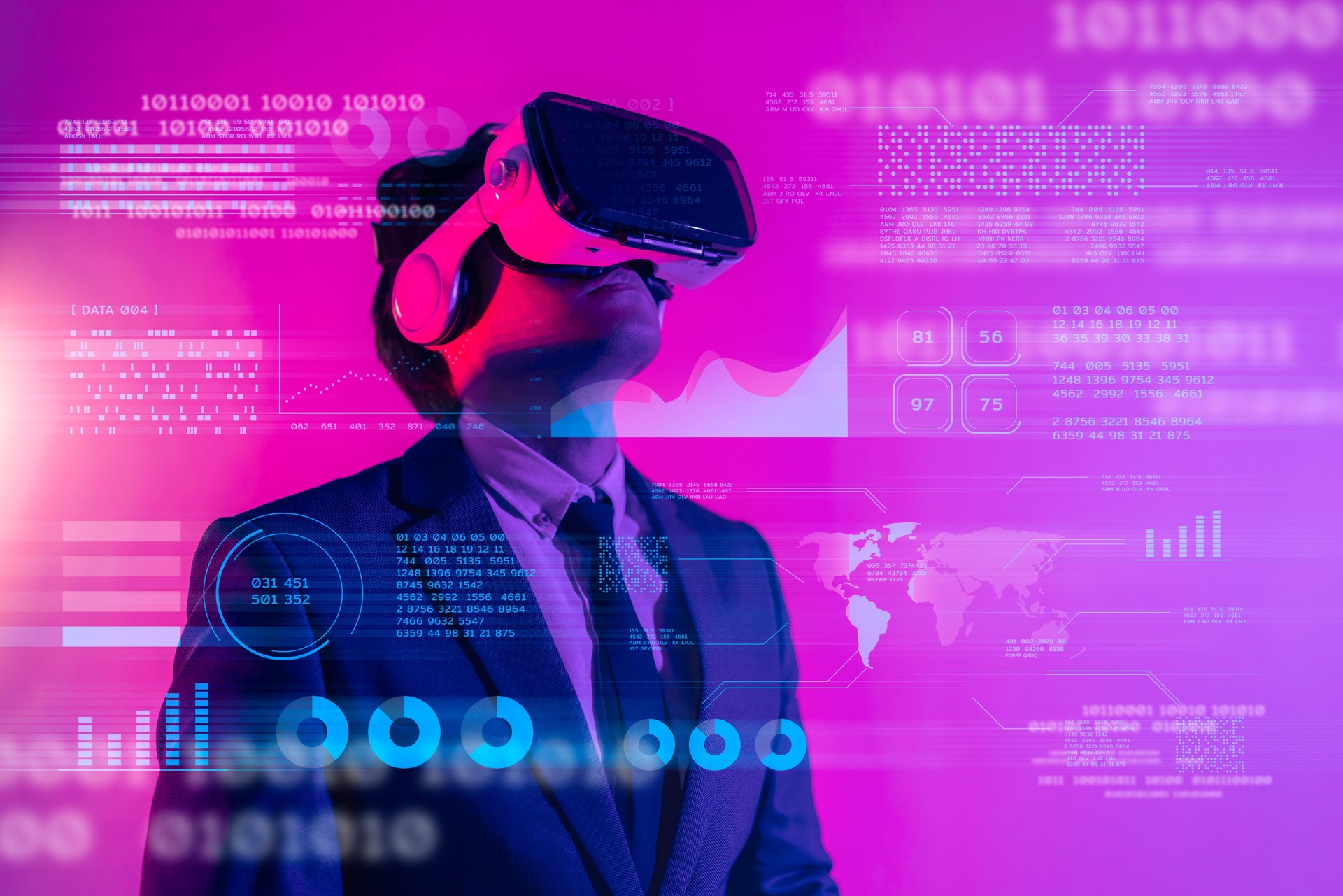 Future game gamefi and entertainment digital technology. Teenager having fun play VR virtual reality glasses sport game metaverse NFT game 3D cyber space futuristic neon colorful background.